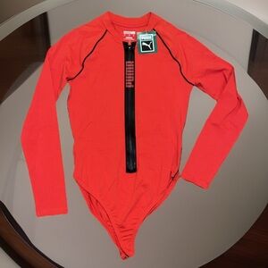 Puma Bold Logo Red & Black Athletic Bodysuit W/Full Zip Up & Buttons 💯COTTON NWT